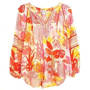 Haute Hippie Size XS Tropical Pattern Peasant Pull Over Top with Beaded Tassels